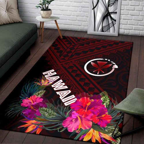 Hawaii Area Rug - Kanaka Maoli With Hibiscus On Polynesian Patterns (RED)