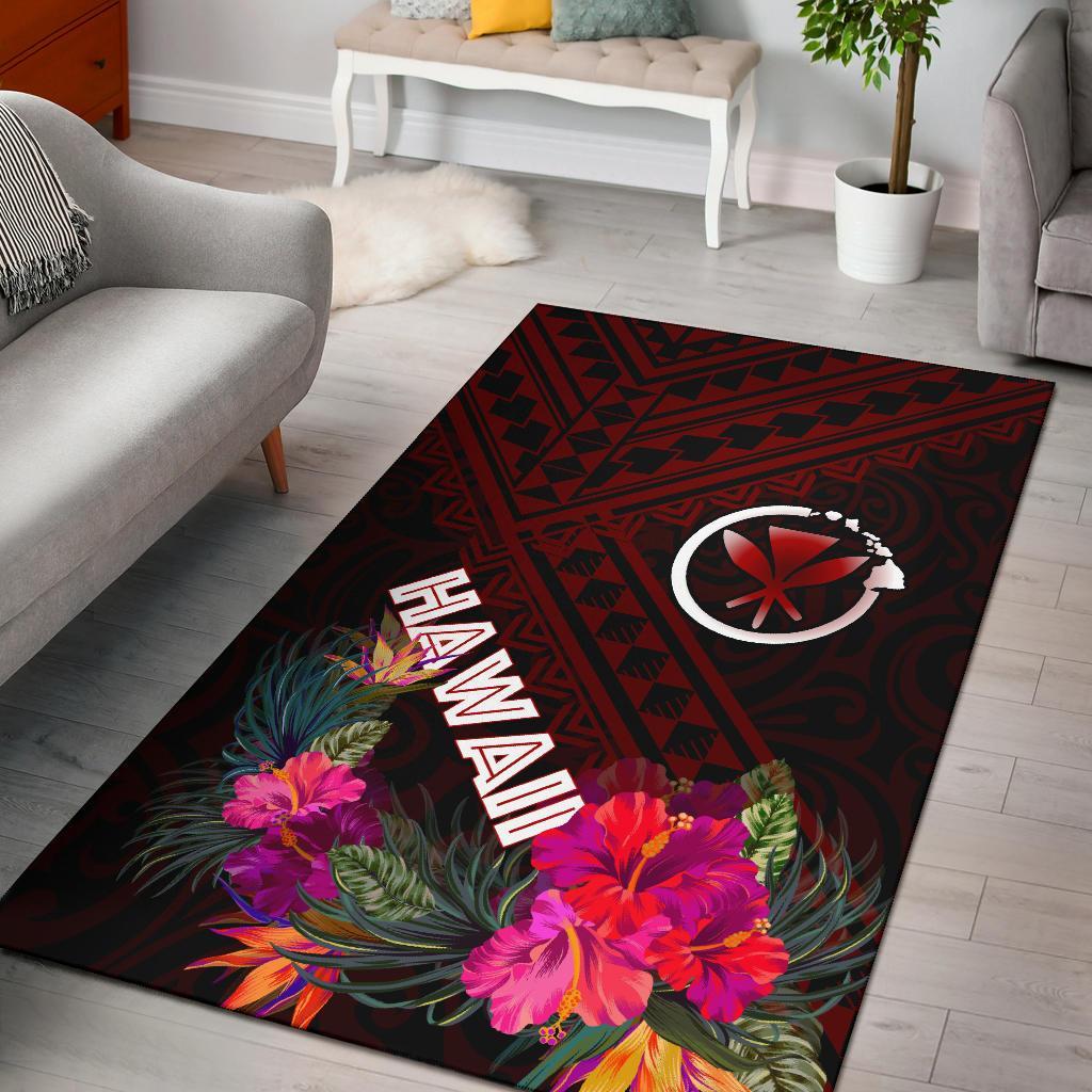 Hawaii Area Rug - Kanaka Maoli With Hibiscus On Polynesian Patterns (RED)