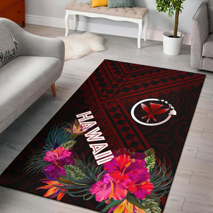 Hawaii Area Rug - Kanaka Maoli With Hibiscus On Polynesian Patterns (RED)