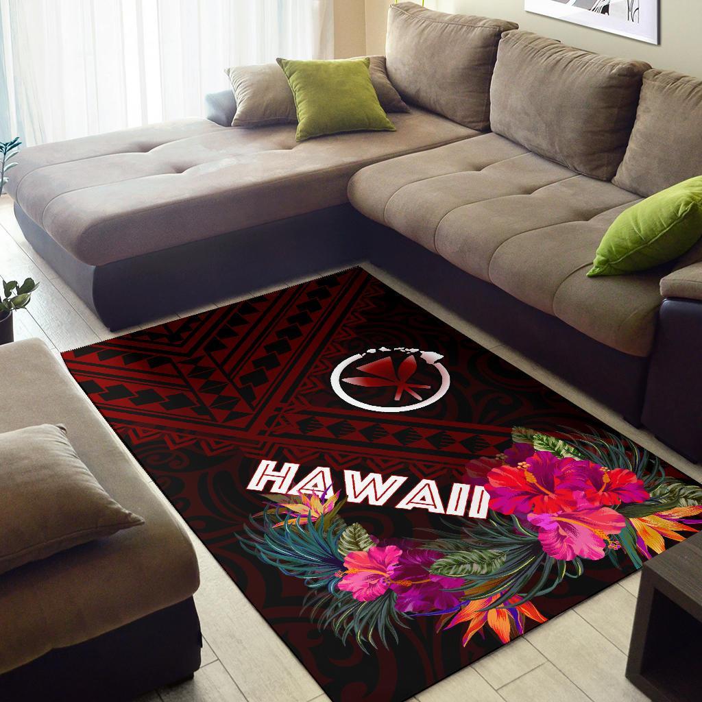 Hawaii Area Rug - Kanaka Maoli With Hibiscus On Polynesian Patterns (RED)