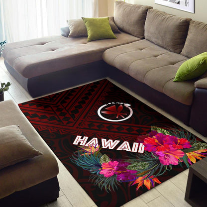 Hawaii Area Rug - Kanaka Maoli With Hibiscus On Polynesian Patterns (RED)