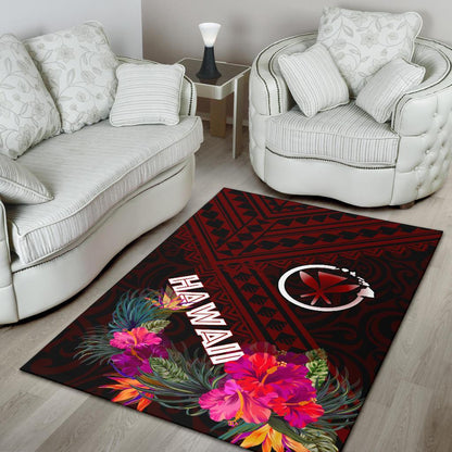 Hawaii Area Rug - Kanaka Maoli With Hibiscus On Polynesian Patterns (RED)