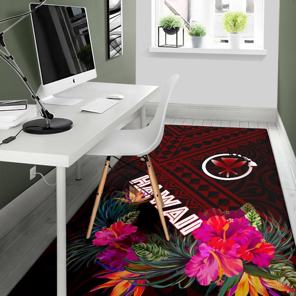 Hawaii Area Rug - Kanaka Maoli With Hibiscus On Polynesian Patterns (RED)