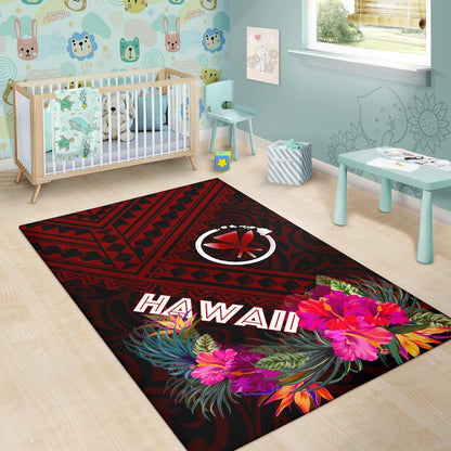 Hawaii Area Rug - Kanaka Maoli With Hibiscus On Polynesian Patterns (RED)