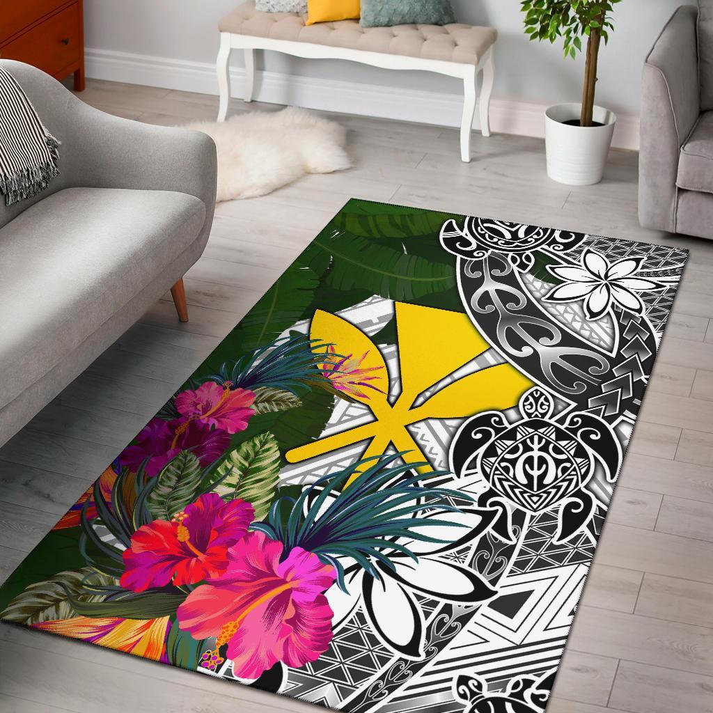 Hawaii Area Rug White - Turtle Plumeria Banana Leaf