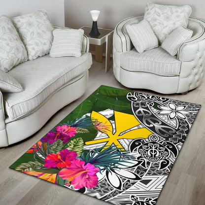 Hawaii Area Rug White - Turtle Plumeria Banana Leaf