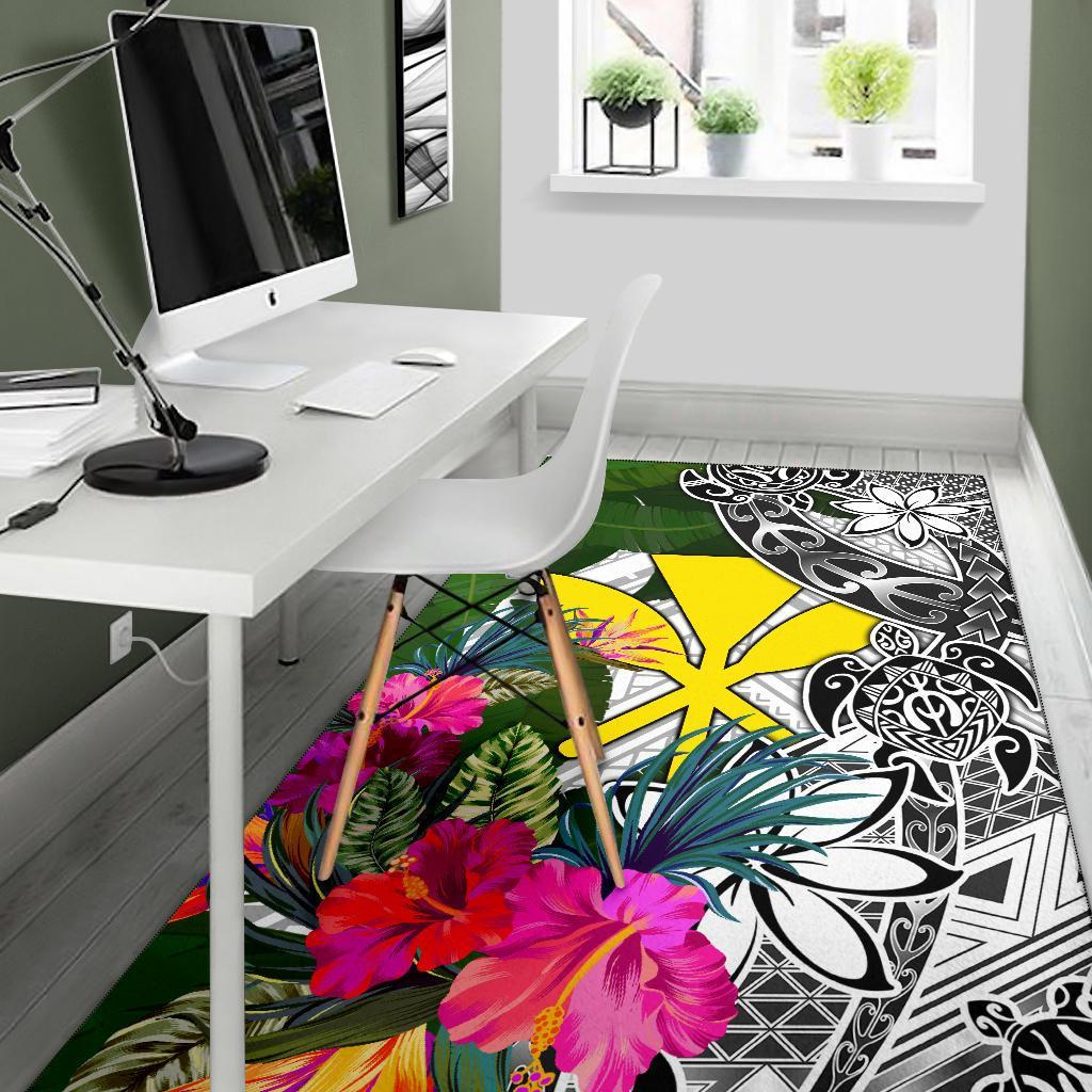 Hawaii Area Rug White - Turtle Plumeria Banana Leaf