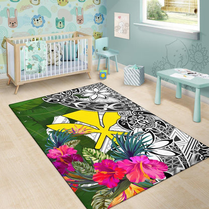 Hawaii Area Rug White - Turtle Plumeria Banana Leaf
