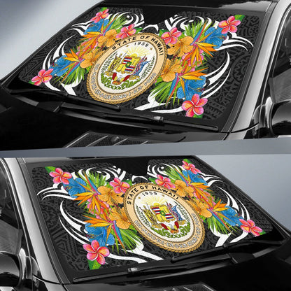 Hawaii Auto Sun Shades - Coat Of Arms With Tropical Flowers