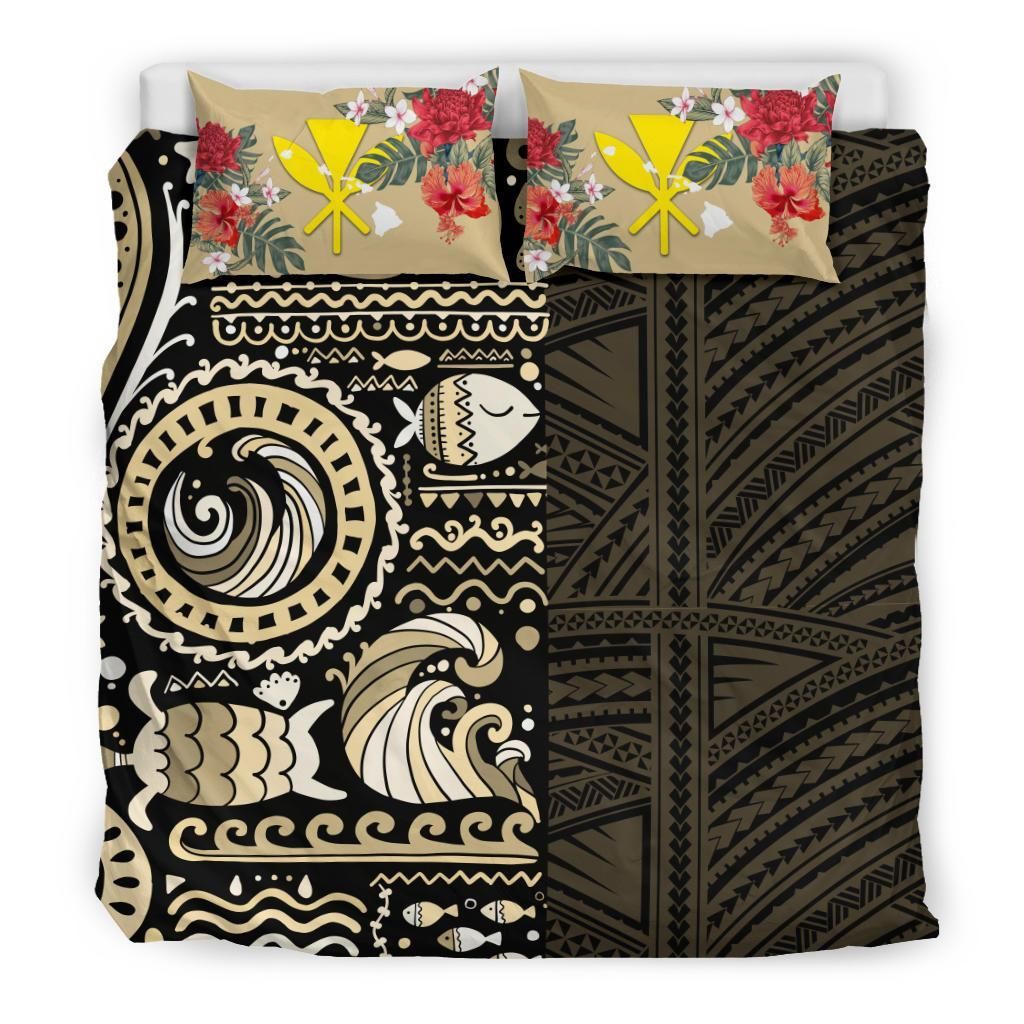 Polynesian Duvet Cover Set - Hawaii Bedding Set Gold Polynesian Hibiscus Tribal Style
