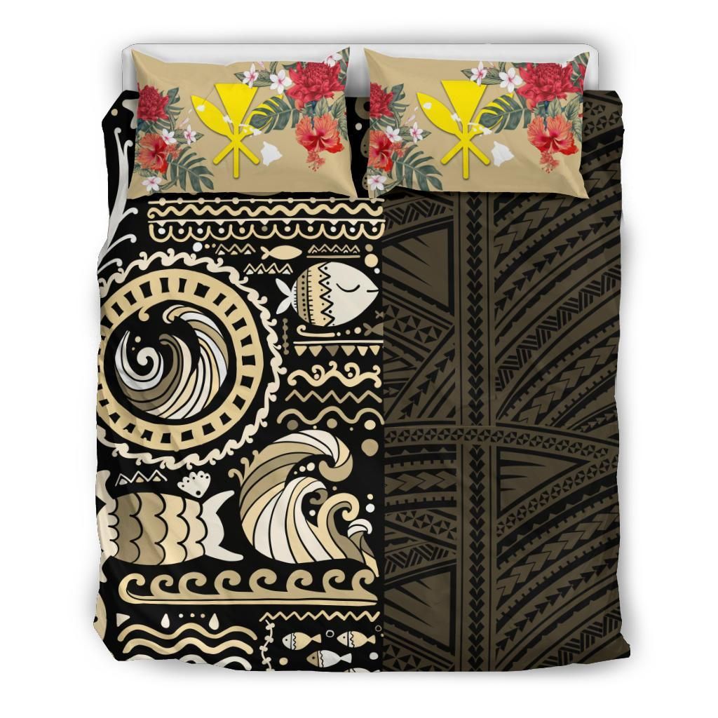 Polynesian Duvet Cover Set - Hawaii Bedding Set Gold Polynesian Hibiscus Tribal Style