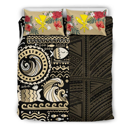 Polynesian Duvet Cover Set - Hawaii Bedding Set Gold Polynesian Hibiscus Tribal Style
