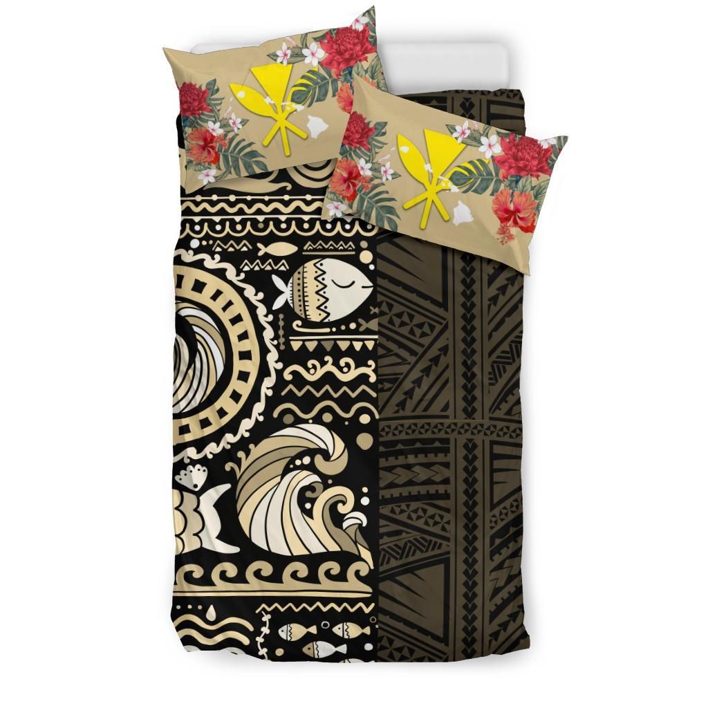Polynesian Duvet Cover Set - Hawaii Bedding Set Gold Polynesian Hibiscus Tribal Style