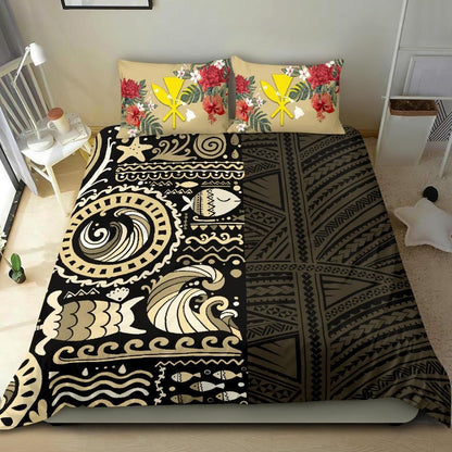 Polynesian Duvet Cover Set - Hawaii Bedding Set Gold Polynesian Hibiscus Tribal Style