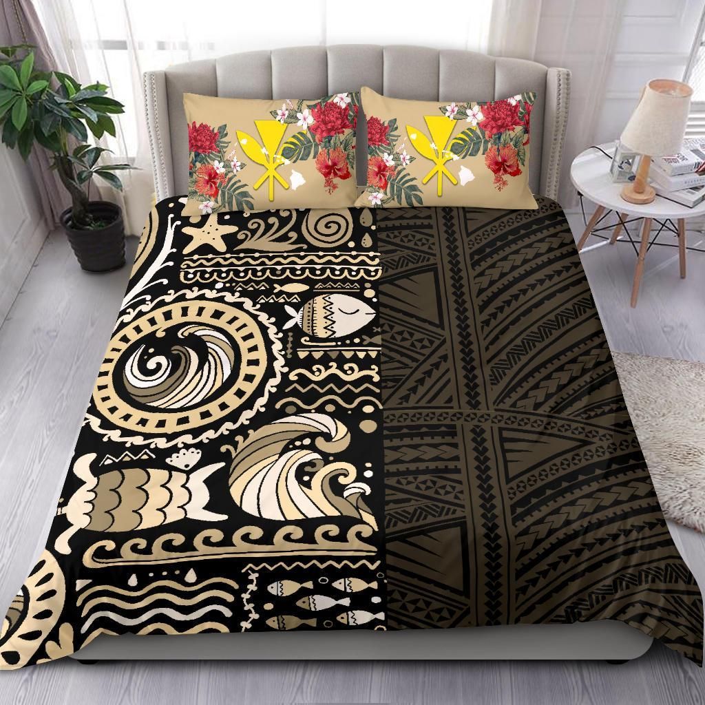 Polynesian Duvet Cover Set - Hawaii Bedding Set Gold Polynesian Hibiscus Tribal Style