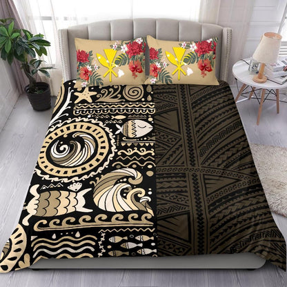 Polynesian Duvet Cover Set - Hawaii Bedding Set Gold Polynesian Hibiscus Tribal Style