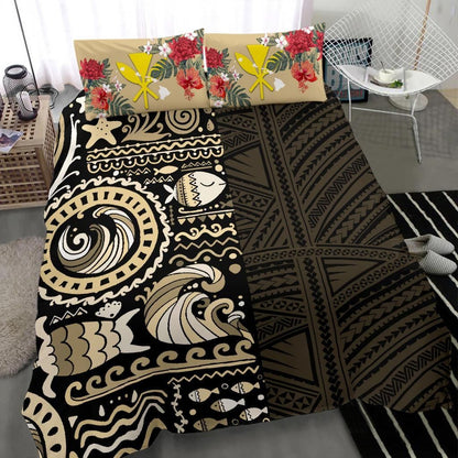 Polynesian Duvet Cover Set - Hawaii Bedding Set Gold Polynesian Hibiscus Tribal Style