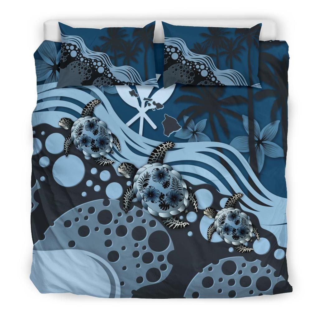 Polynesian Duvet Cover Set - Hawaii Bedding Set Dark Blue Turtle Hibiscus
