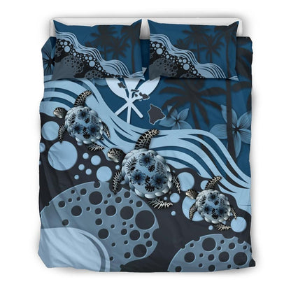 Polynesian Duvet Cover Set - Hawaii Bedding Set Dark Blue Turtle Hibiscus