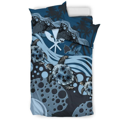 Polynesian Duvet Cover Set - Hawaii Bedding Set Dark Blue Turtle Hibiscus