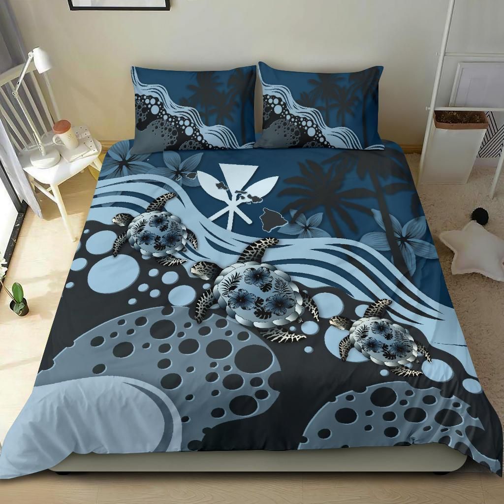 Polynesian Duvet Cover Set - Hawaii Bedding Set Dark Blue Turtle Hibiscus