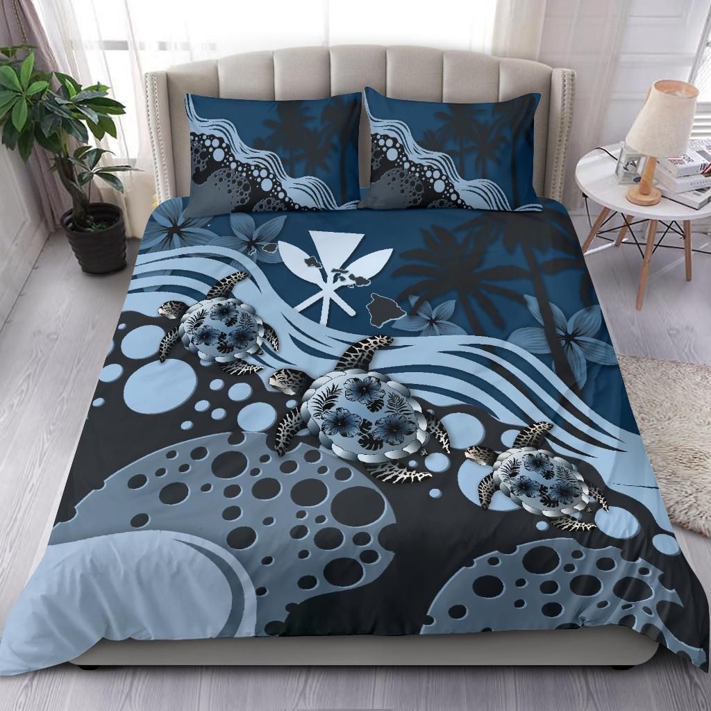 Polynesian Duvet Cover Set - Hawaii Bedding Set Dark Blue Turtle Hibiscus
