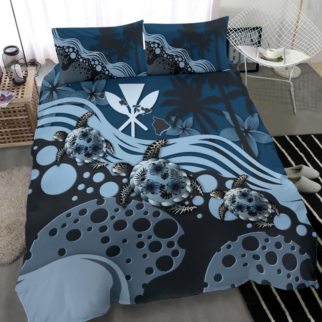 Polynesian Duvet Cover Set - Hawaii Bedding Set Dark Blue Turtle Hibiscus