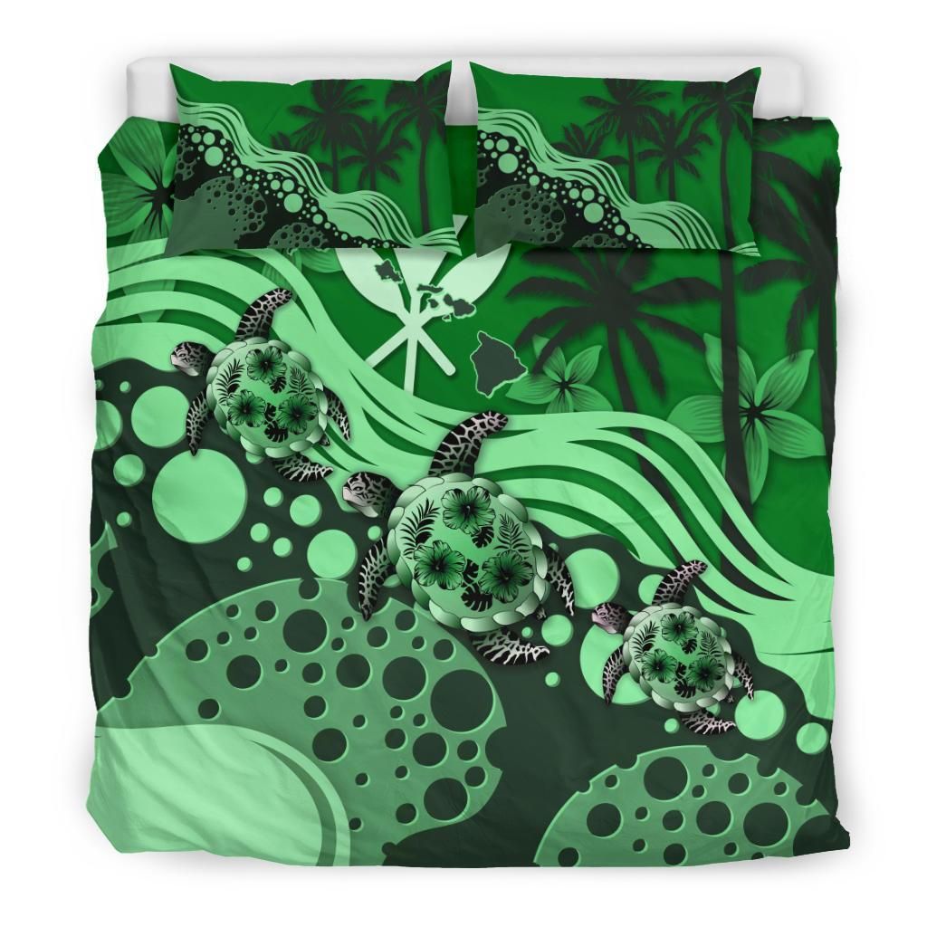 Polynesian Duvet Cover Set - Hawaii Bedding Set Green Turtle Hibiscus