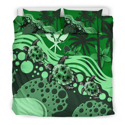 Polynesian Duvet Cover Set - Hawaii Bedding Set Green Turtle Hibiscus
