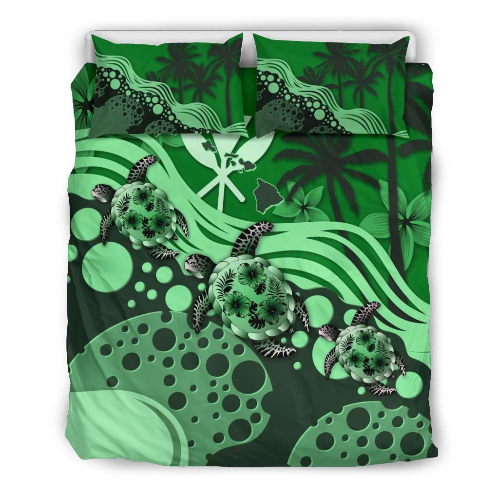 Polynesian Duvet Cover Set - Hawaii Bedding Set Green Turtle Hibiscus