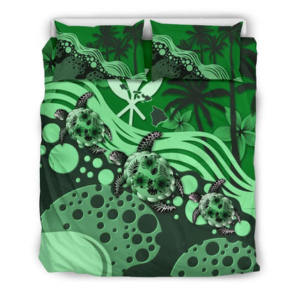 Polynesian Duvet Cover Set - Hawaii Bedding Set Green Turtle Hibiscus