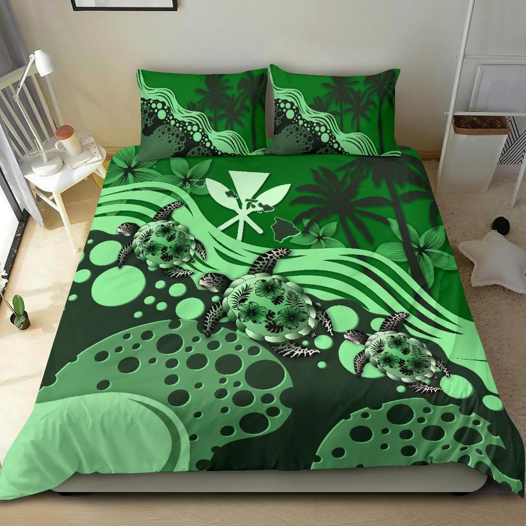 Polynesian Duvet Cover Set - Hawaii Bedding Set Green Turtle Hibiscus