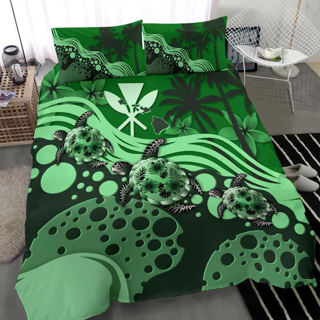 Polynesian Duvet Cover Set - Hawaii Bedding Set Green Turtle Hibiscus