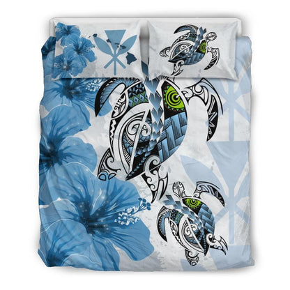 Polynesian Duvet Cover Set - Hawaii Bedding Set Polynesia Turtle Hibiscus Blue