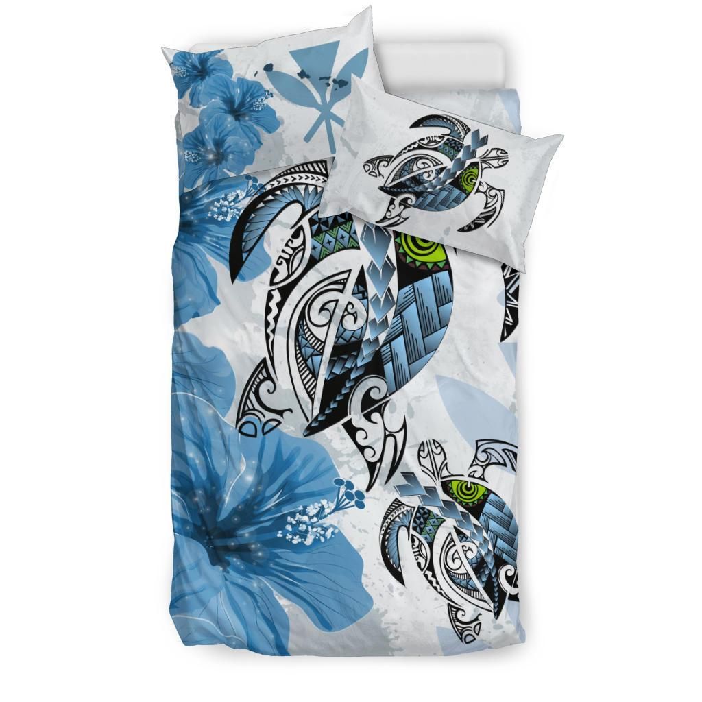 Polynesian Duvet Cover Set - Hawaii Bedding Set Polynesia Turtle Hibiscus Blue