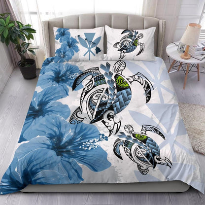 Polynesian Duvet Cover Set - Hawaii Bedding Set Polynesia Turtle Hibiscus Blue