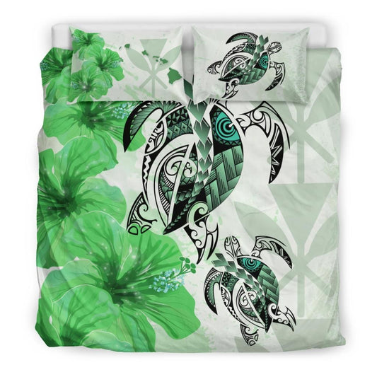 Polynesian Duvet Cover Set - Hawaii Bedding Set Polynesia Turtle Hibiscus Green