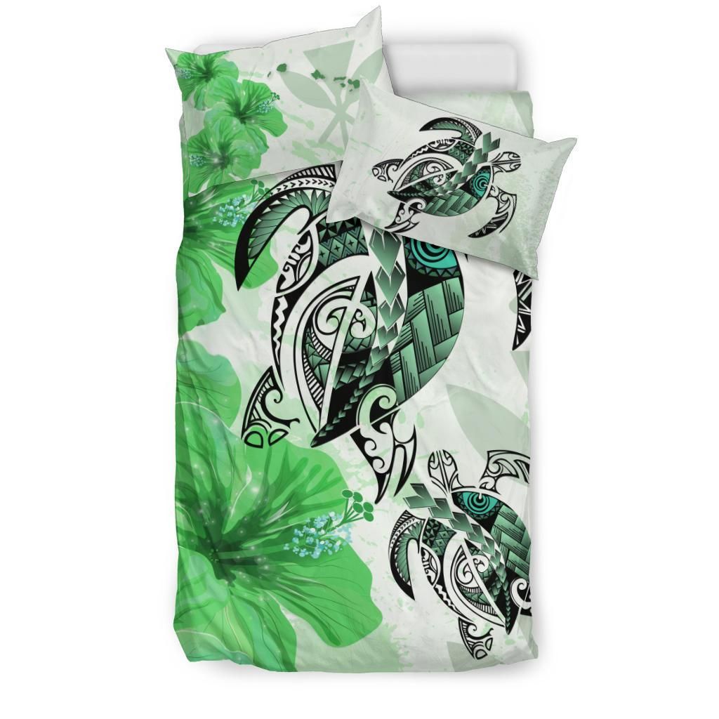 Polynesian Duvet Cover Set - Hawaii Bedding Set Polynesia Turtle Hibiscus Green