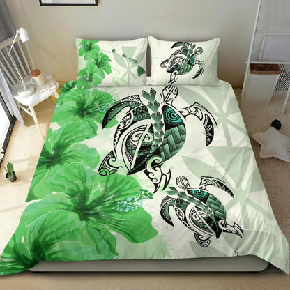 Polynesian Duvet Cover Set - Hawaii Bedding Set Polynesia Turtle Hibiscus Green