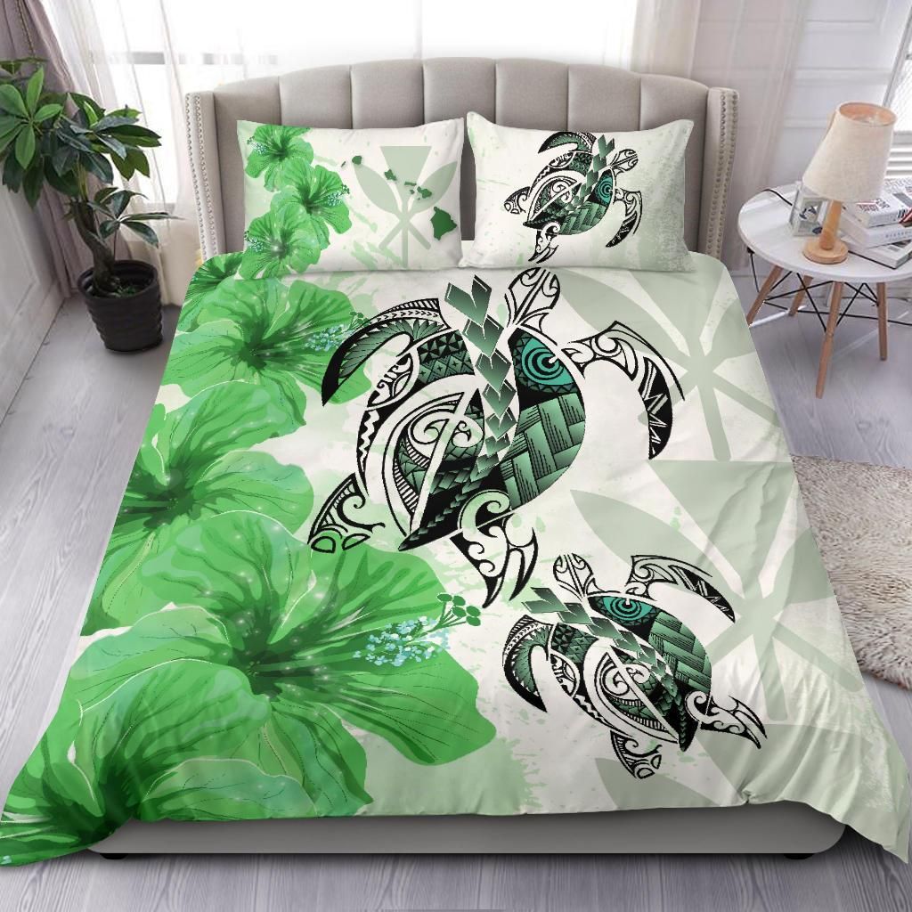 Polynesian Duvet Cover Set - Hawaii Bedding Set Polynesia Turtle Hibiscus Green