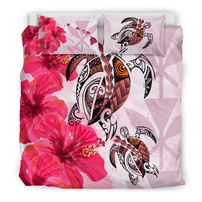 Polynesian Duvet Cover Set - Hawaii Bedding Set Polynesia Turtle Hibiscus Pink