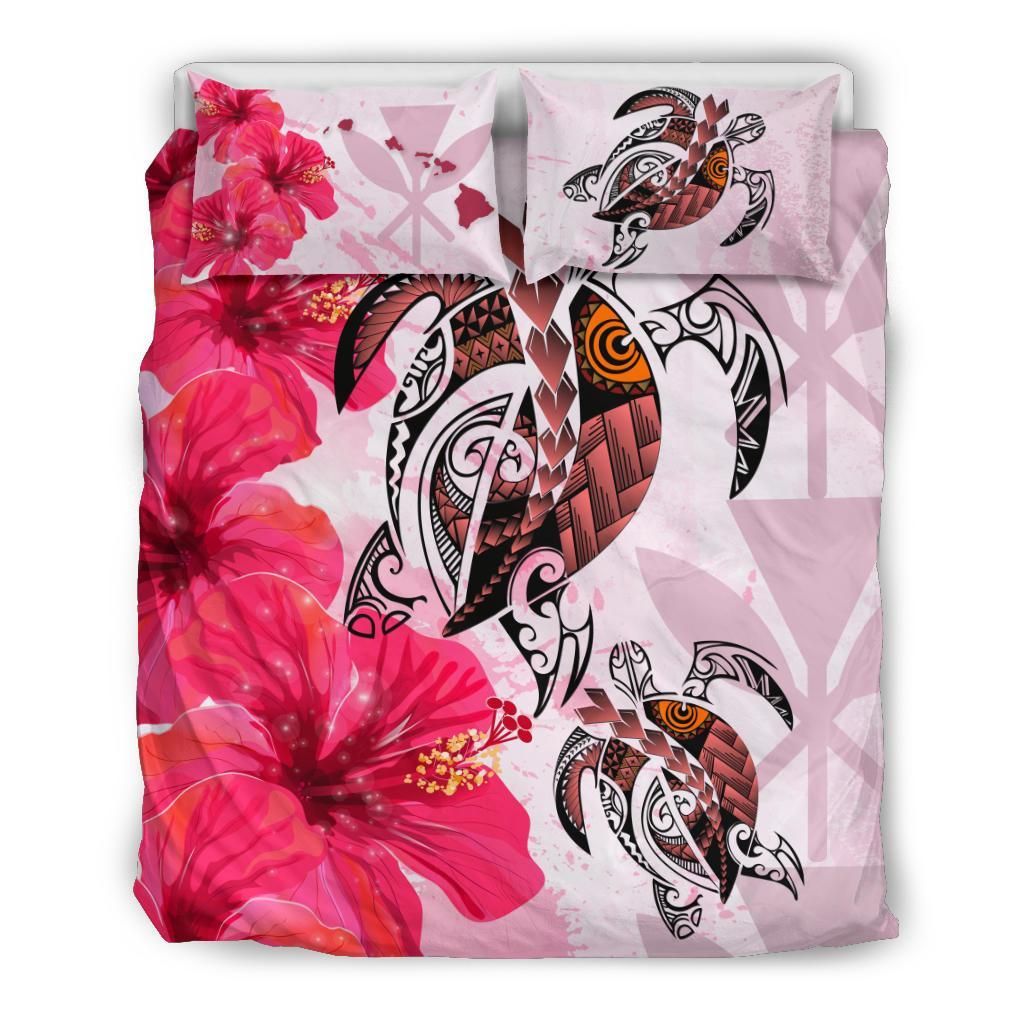 Polynesian Duvet Cover Set - Hawaii Bedding Set Polynesia Turtle Hibiscus Pink