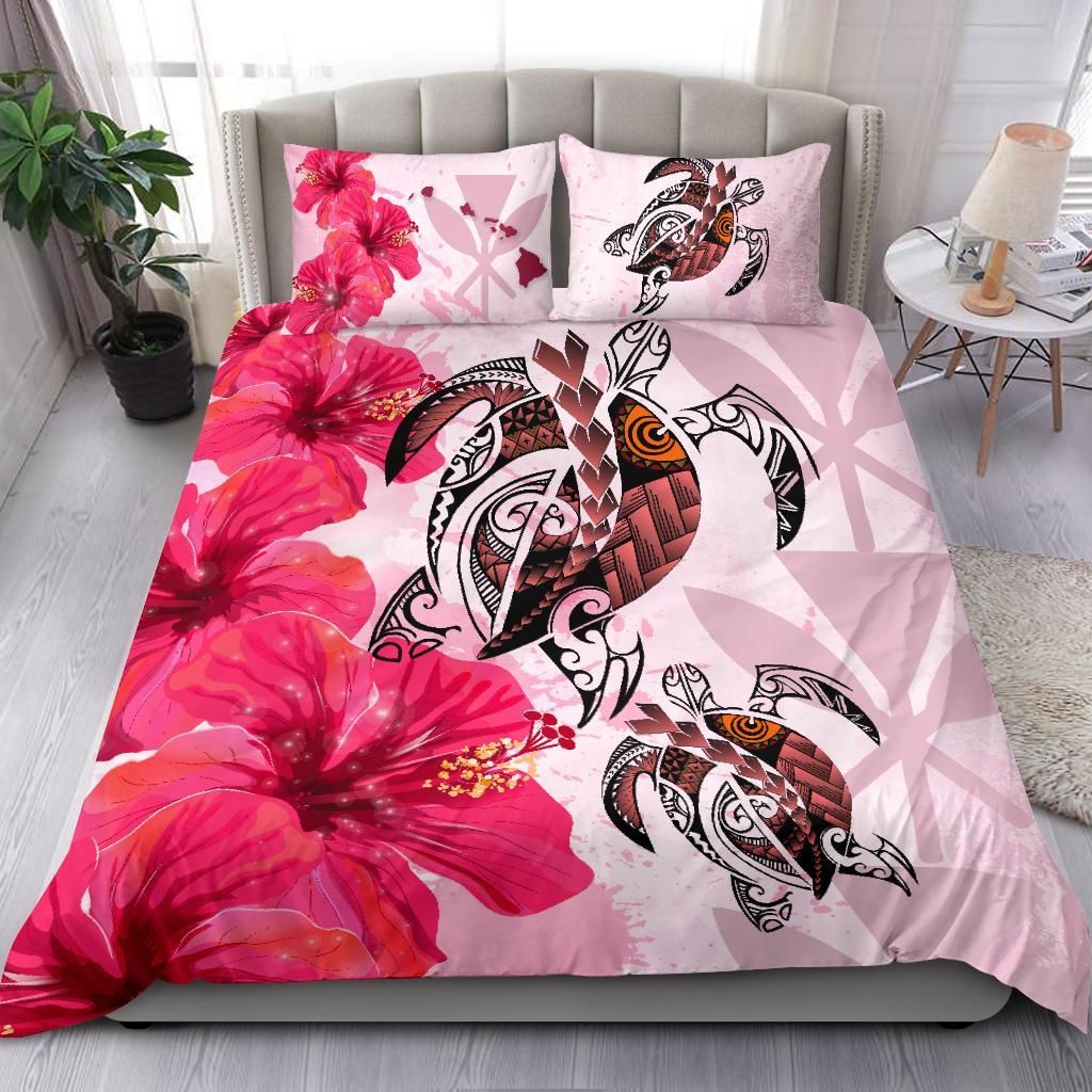 Polynesian Duvet Cover Set - Hawaii Bedding Set Polynesia Turtle Hibiscus Pink