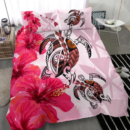 Polynesian Duvet Cover Set - Hawaii Bedding Set Polynesia Turtle Hibiscus Pink