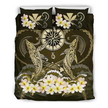 Polynesian Duvet Cover Set - Hawaii Bedding Set Shark Polynesia Compass Plumeria Gold
