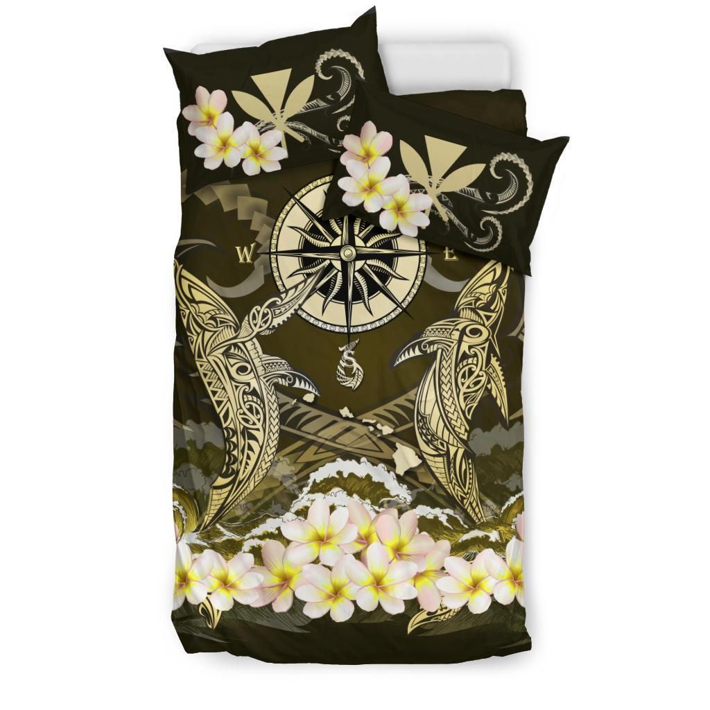Polynesian Duvet Cover Set - Hawaii Bedding Set Shark Polynesia Compass Plumeria Gold
