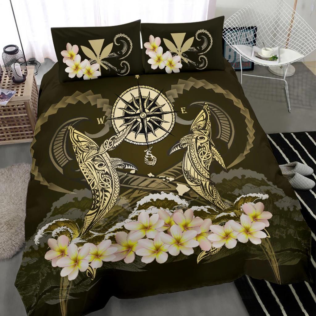 Polynesian Duvet Cover Set - Hawaii Bedding Set Shark Polynesia Compass Plumeria Gold