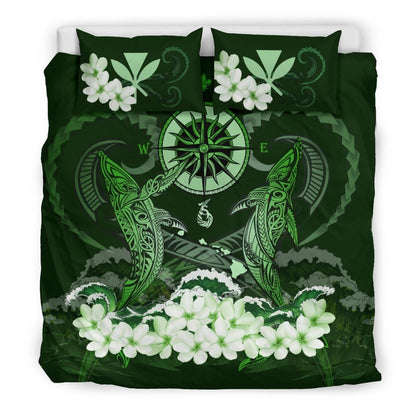 Polynesian Duvet Cover Set - Hawaii Bedding Set Shark Polynesia Compass Plumeria Green