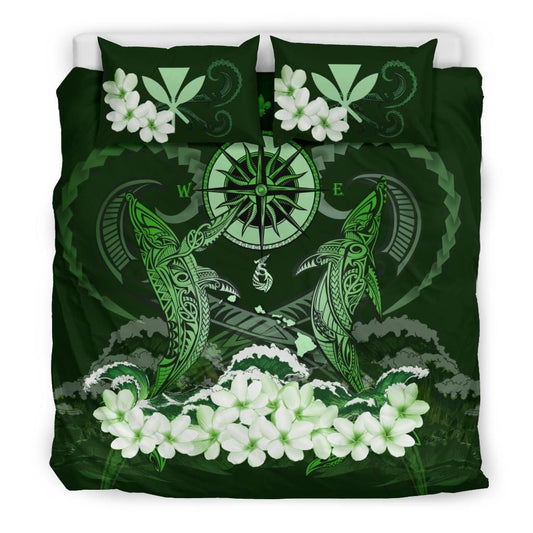 Polynesian Duvet Cover Set - Hawaii Bedding Set Shark Polynesia Compass Plumeria Green