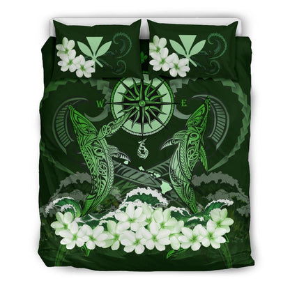 Polynesian Duvet Cover Set - Hawaii Bedding Set Shark Polynesia Compass Plumeria Green